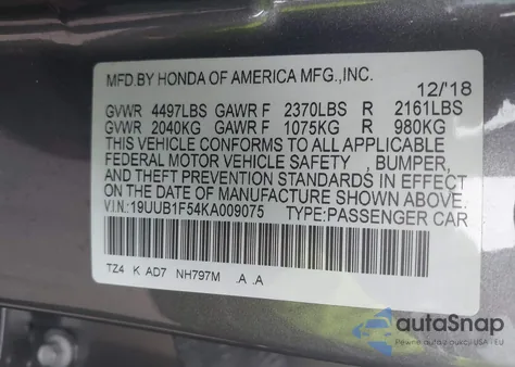 2019 Acura Tlx Tech Pkg z USA, uszkodzony, nr VIN 19UUB1F54KA009075